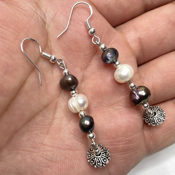 Artisan Silver Plated Dangle Earrings White Peacock Freshwater Pearl Beaded - Picture 5 of 7